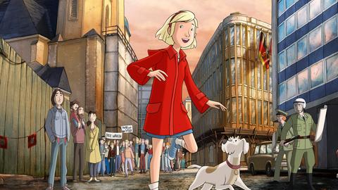 Zeichentrick: Ein blondes Mädchen rennt mit einem Hund durch die Straßen
