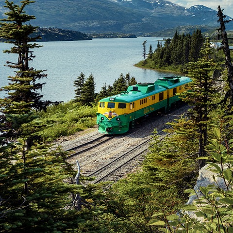 Eine Eisenbahn, die durch Alaska fährt, im Hintergrund Berge.