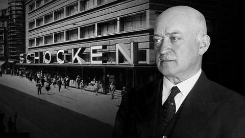 Salman Schocken 1939, Bernheim. Im Hintergrund ein Schwarz-weiß-Bild vom "Kaufhaus Schocken" (Collage)