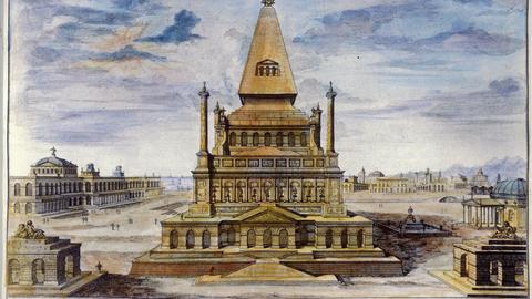 Mausoleum: erbaut von Pythos für Koenig Mausolos, gest. 353 v.Chr. ist eines der sieben Weltwunder der Antike. Kupferstich nach Zeichnung von Johann Bernhard Fischer von Erlach, um 1700, koloriert.