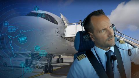 Pilot im Cockpit, im Hintergrund eine Boeing von Vorn.