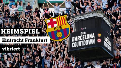 Ein vollgepacktes Stadion bei einem Eintracht Frankfurt Spiel, zu sehen sind auch der Stadionwürfel mit den Worten "Countdown Barcelona"