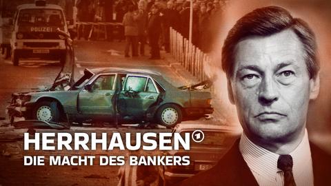 Rechts Alfred Herrhausen, im Hintergrund Bilder vom Tatort