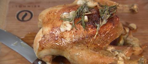 Biohuhn mit Gemüse aus dem Ofen, Gewürztomaten und Zitronen-Parmesan-Risotto