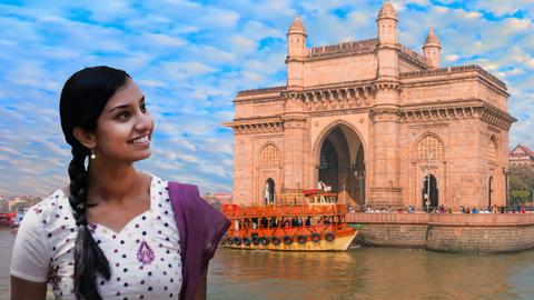 Junge Inderin blickt auf das "Gateway of India", ein Wahrzeichen Mumbais. (Collage)