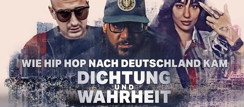 Die Rapper*innen (v.l.) Hafbefehl, Moses Pelham und LIZ vor der Frankfurter Skyline