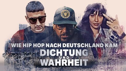 Die Rapper*innen (v.l.) Hafbefehl, Moses Pelham und LIZ vor der Frankfurter Skyline