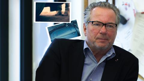Kriminalhauptkommissar Ulrich Arnheiter und zwei Sofortbilder von einem Koffer und unscharfen Füßen in der Ferne. (Collage)