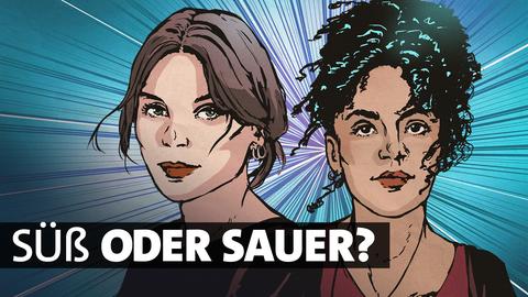 Ciani-Sophia Hoeder und Ann-Kristin Tlusty als Comic-Figuren. Text: Süß oder sauer?
