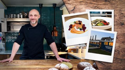 Restaurant-Retter Marcus Knauf hinter der Theke. Neben ihm drei Polaroid-Fotos mit Bildern von Essen. (Collage)