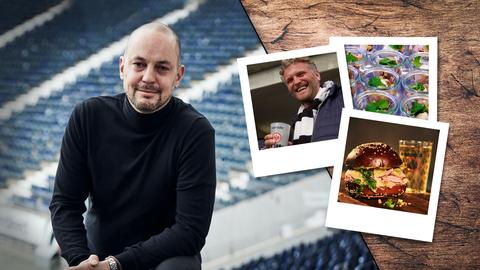 Protagonist der Sendung im leeren Eintracht-Stadion. Neben ihm drei Polaroidfotos: ein Burger und ein Geripptes, mehrere Fingerfood-Häppchen in Gläsern und ein Mann mit Eintracht-Schal und Getränk. (Collage)