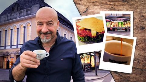 Protagonist mit einer Espressotasse in der Hand vor seinem Lokal. Neben ihm drei Polaroidfotos: ein Sandwich / Kaffee in einem Tässchen / das Lokal von außen. (Collage)