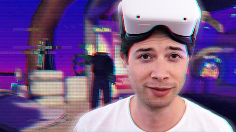 Reporter Constantin mit VR-Brille vor einer virtuellen Welt mit einem Avatar. 