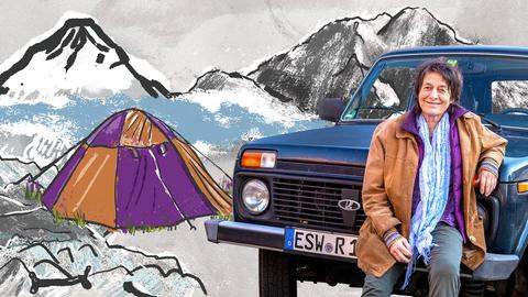 Abenteurerin Margot Flügel-Anhalt in einer Collage mit Himalaya und ihrem Lada.