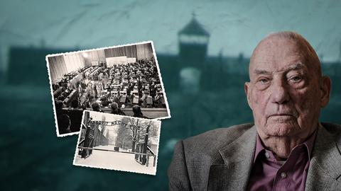 Staatsanwalt Gerhard Wiese vor einer Silhouette des Auschwitz-Konzentrationslagers. 