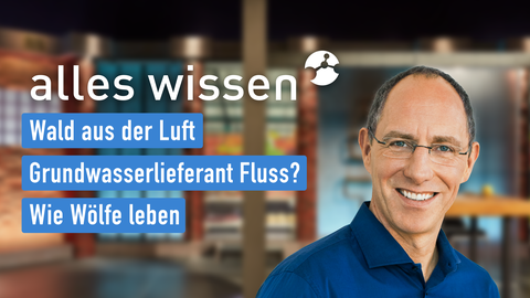 Moderator Thomas Ranft sowie die Themen bei "alles wissen" am 09.03.2023: Wald aus der Luft, Grundwasserlieferant Fluss, Wie Wölfe leben  