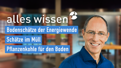 Moderator Thomas Ranft sowie die Themen bei "alles wissen" am 23.03.2023: Bodenschätze der Energiewende, Schätze im Müll, Pflanzenkohle für den Boden