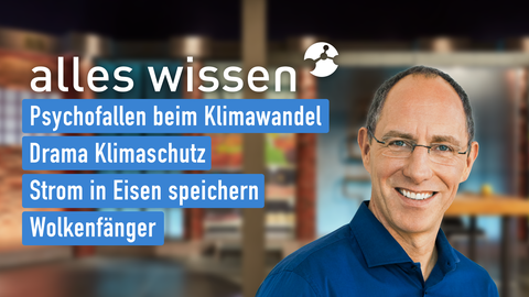 Moderator Thomas Ranft sowie die Themen bei "alles wissen" am 30.11.2023: Psychofallen beim Klimawandel, Drama Klimaschutz, Strom in Eisen speichern,  Wolkenfänger