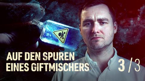 Mann schaut verzweifelt in die Kamera, links eine Hand mit Giftfläschchen (Collage). 