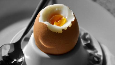 Ein gepelltes Frühstücksei im Eierbecher.