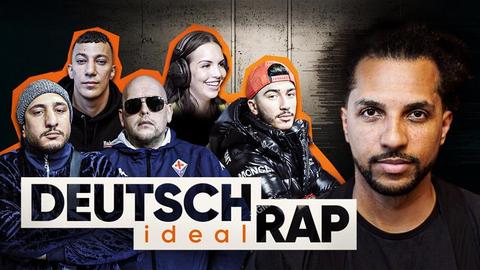 Moderator Simon Vogt mit Rapgrößen wie Farid Bang oder Celo und Abdi sowie das "Deutschrap ideal"-Logo.