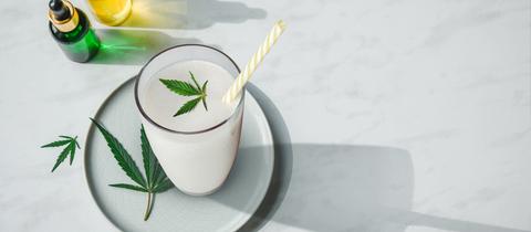 Glas mit Hanfmilch und Hanfblättern als Deko