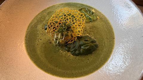 Spinatsüppchen mit Champignon-Topping und Korallen-Hippen