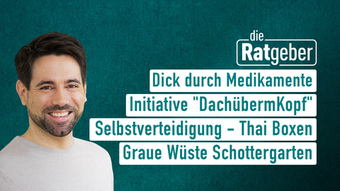 Moderator Daniel Johé sowie die Themen bei "die Ratgeber" am 09.03.2023: Dick durch Medikamente, Initiative "DachübermKopf",Selbstverteidigung - Thai Boxen, Graue Wüste Schottergarten 