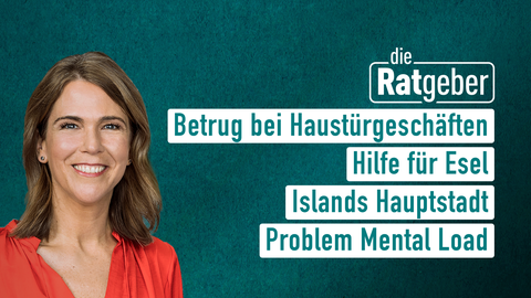 Moderatorin Anne Brüning sowie die Themen bei "die Ratgeber" am 09.06.2023: Betrug bei Haustürgeschäften, Hilfe für Esel, Islands Hauptstadt, Problem Mental Load 