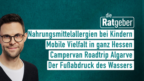 Moderator Danile Johe sowie die Themen bei "die Ratgeber" am 04.09.2023: Nahrungsmittelallergien bei Kindern, Mobile Vielfalt in ganz Hessen, Campervan Roadtrip Algarve, Der Fußabdruck des Wassers