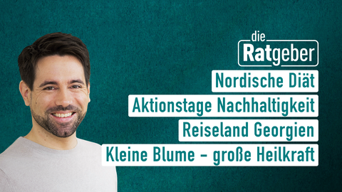 Moderator Daniel Johé sowie die Themen bei "die Ratgeber" am 18.09.2023: Nordische Diät, Aktionstage Nachhaltigkeit, Reiseland Georgien, kleine Blume - große Heilkraft