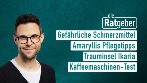 Moderator Kai Fischer sowie die Themen bei "die Ratgeber" am 27.11.2023: Gefährliche Schmerzmittel, Amaryllis Pflegetipps, Wohnen im Kulturdenkmal, Trauminsel Ikaria