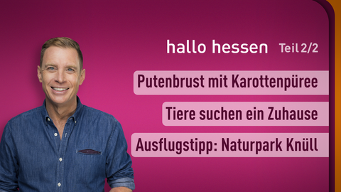 Moderator Jens Kölker sowie die Themen bei "hallo hessen" am 22.01.2024: Putenbrust mit Karottenpüree, Tiere suchen ein Zuhause, Ausflugstipp