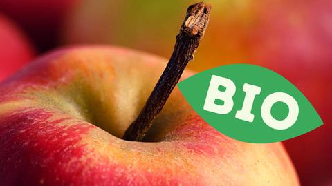 Ein Apfel mit dem Label "Bio".