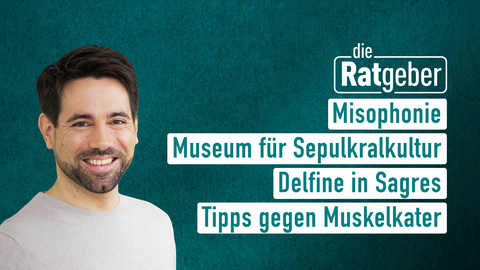 Moderator Daniel Johé sowie die Themen bei "die Ratgeber" am 07.09.2923: Misophonie, Museum für Sepulkralkultur, Delfine in Sagres, Tipps gegen Muskelkater 