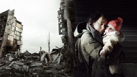 Ein Soldat mit Ukraine Flagge, daneben eine Frau mit Kleinkind auf dem Arm.