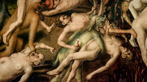 Ausschnitt eines gotischen Gemäldes, auf dem Menschen von höllischen Wesen misshandelt werden.