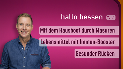 Moderator Jens Kölker sowie die Themen bei "hallo hessen" am 11.01.2023: Mit dem Hausboot durch Masuren, Lebensmittel mit Immun-Booster, Gesunder Rücken