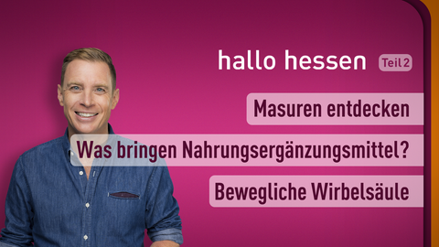 Moderator Jens Kölker sowie die Themen bei "hallo hessen" am 11.01.2023: Masuren entdecken, Was bringen Nahrungsergänzungsmittel?, Bewegliche Wirbelsäule