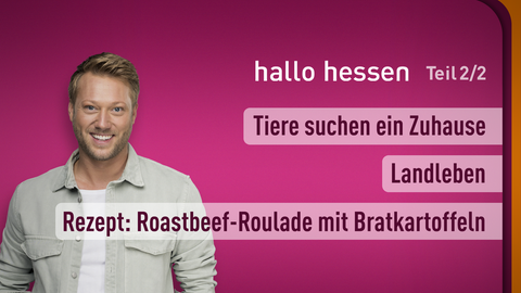 Moderator Jens Pflüger sowie die Themen bei "hallo hessen" am 29.01.2024: Tiere suchen ein Zuhause, Landleben, Rezept: Roastbeef-Roulade mit Bratkartoffeln