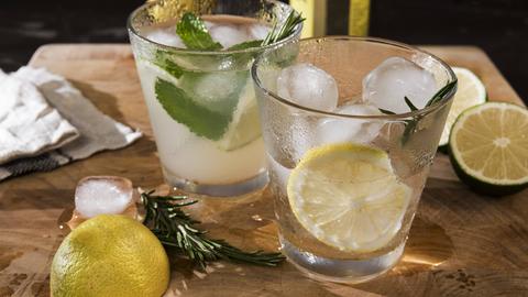 Zwei Gläser Gin Tonic mit Limette, Minze, Rosmarin und Eis und mit Limette, Minze, Rosmarin und Eis und mit Limette, Minze, Rosmarin und Eis und mit Zitrone, Rosmarin und Eis auf Holzgrund.