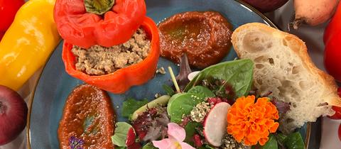 Gefüllte Paprika mit Hackfleisch und Tomatensoße und Wildkräutersalat mit Apfel-Himbeer-Dressing