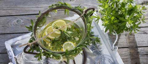 Eine Bowle mit Waldmeistersirup und Zitronenscheiben