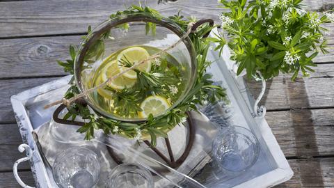 Eine Bowle mit Waldmeistersirup und Zitronenscheiben