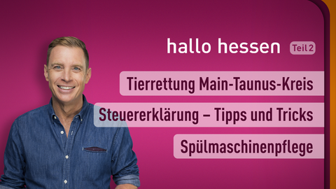Moderator Jens Kölker sowie die Themen bei "hallo hessen" am 31.01.2023: Tierrettung Main-Taunus-Kreis, Steuererklärung - Tipps und Tricks, Spülmaschinenpflege