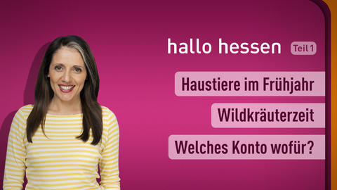 Moderatorin Selma Üsük sowie die Themen bei "hallo hessen" am 21.03.2023: Haustiere im Frühjahr, Wildkräuterzeit, Welches Konto wofür?