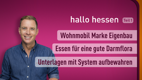 Moderator Jens Kölker sowie die Themen nbei "hallo hessen" am 28.03.2023: Wohnmobil Marke Eigenbau, Essen für eine gute Darmflora, Unterlagen mit System aufbewahren