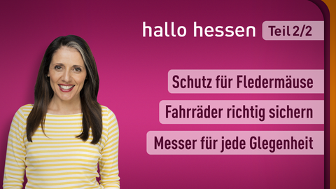 Moderatorin Selma Üsük sowie die Themen bei "hallo hessen" am 11.04.2023: Schutz für Fledermäuse, Fahrräder richtig sichern, Messer für jede Gelegenheit