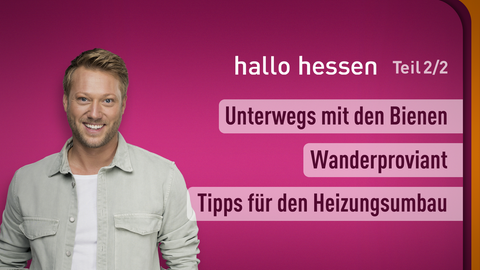 Moderator Jens Kölker sowie die Themen bei "hallo hessen" am 16.05.2023: Unterwegs mit den Bienen, Wanderproviant, Tipps für den Heizungsumbau