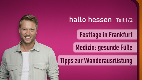 Moderator Jens Kölker sowie die Themen bei "hallo hessen" am 17.05.2023: Festtage in Frankfurt, Medizin: gesunde Füße, Tipss zur Wanderausrüstung
